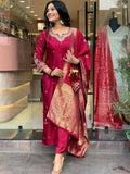 The52 Maroon Beautiful Embroidered Viscose Chanderi Fabric Straight Kurta Pant with Dupatta Set