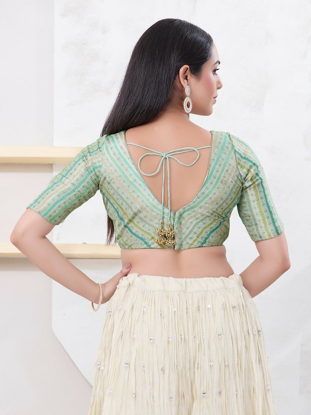 Joban Fashion Pista-Green Jacquard Elbow Sleeveless Back Open Blouse