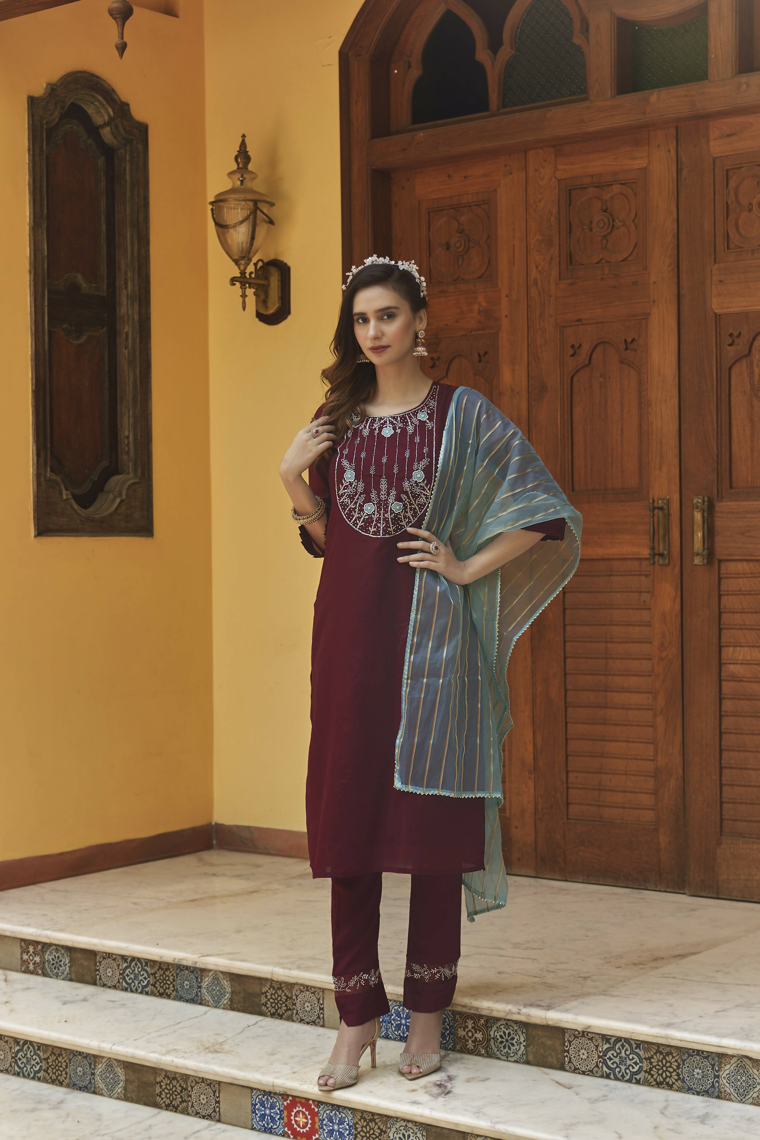 Wine Chinon Embroidered Kurta and Bottom with Dupatta - Akashara