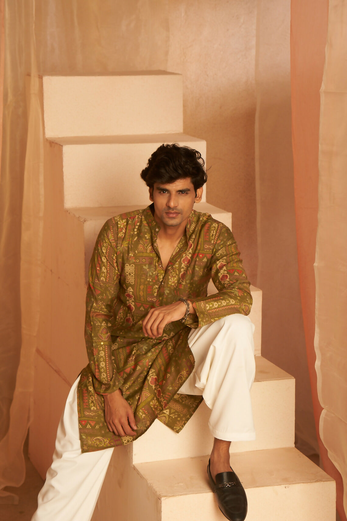 Green Modal Silk Designer Printed Men's Kurta Set - Mahotsav