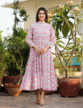 Kaajh Women's Pink Floral Print Cotton Handblock Dress
