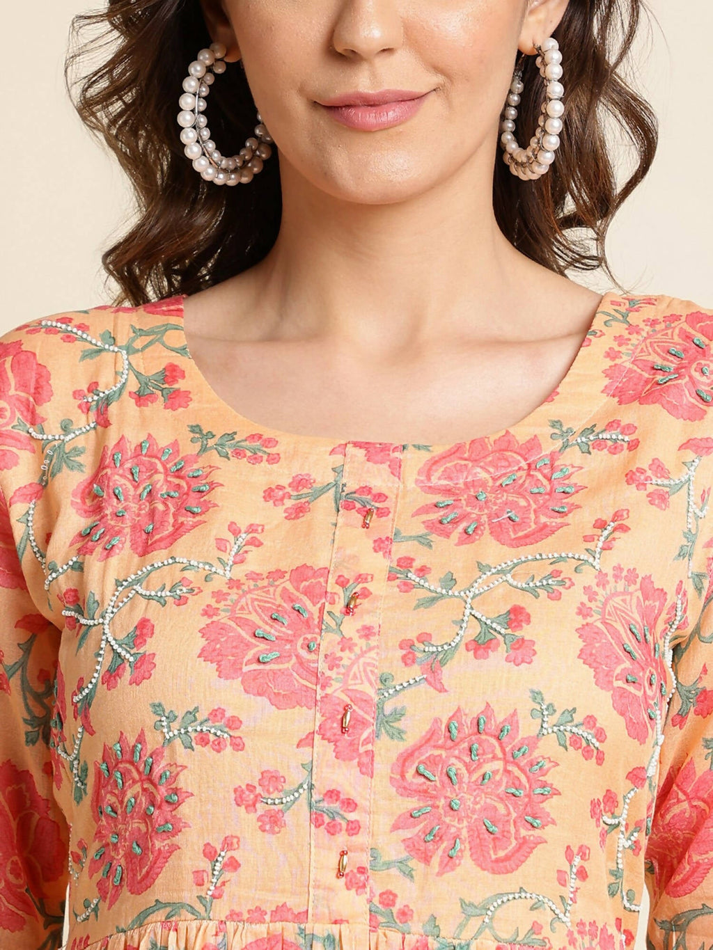 Peach Cotton Floral Printed Fit & Flare Dress - Yukti