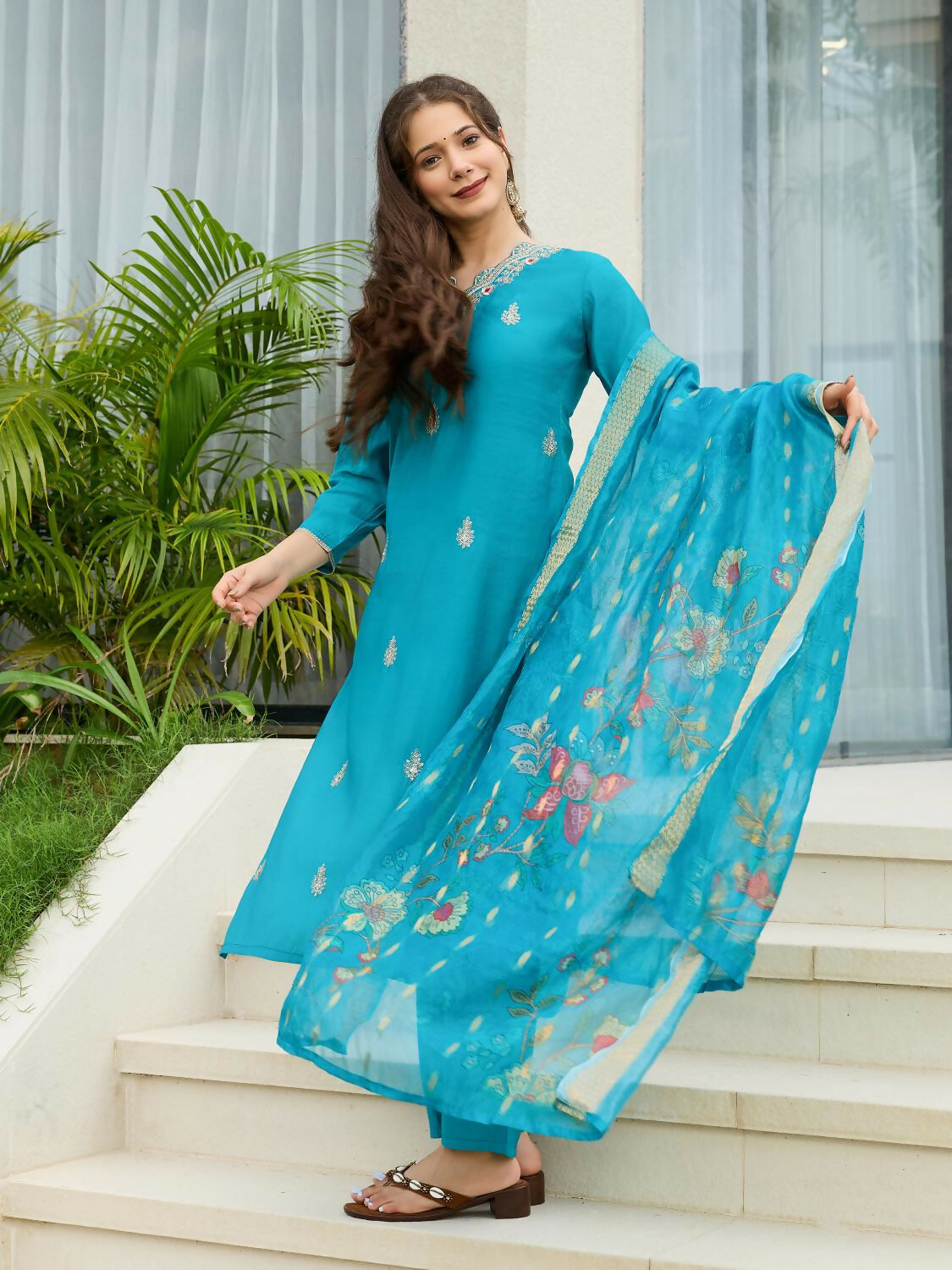 The52 Blue Women's Gorgeous Viscose Fabric Embroidered Work Straight Kurta, Pant and Dupatta Set