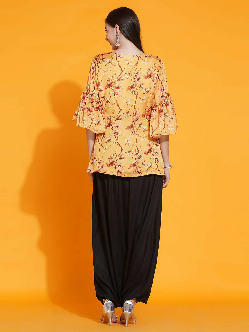 Women Republic Yellow Printed Satin Georgette Shirt With Bell Sleeves And Dhoti