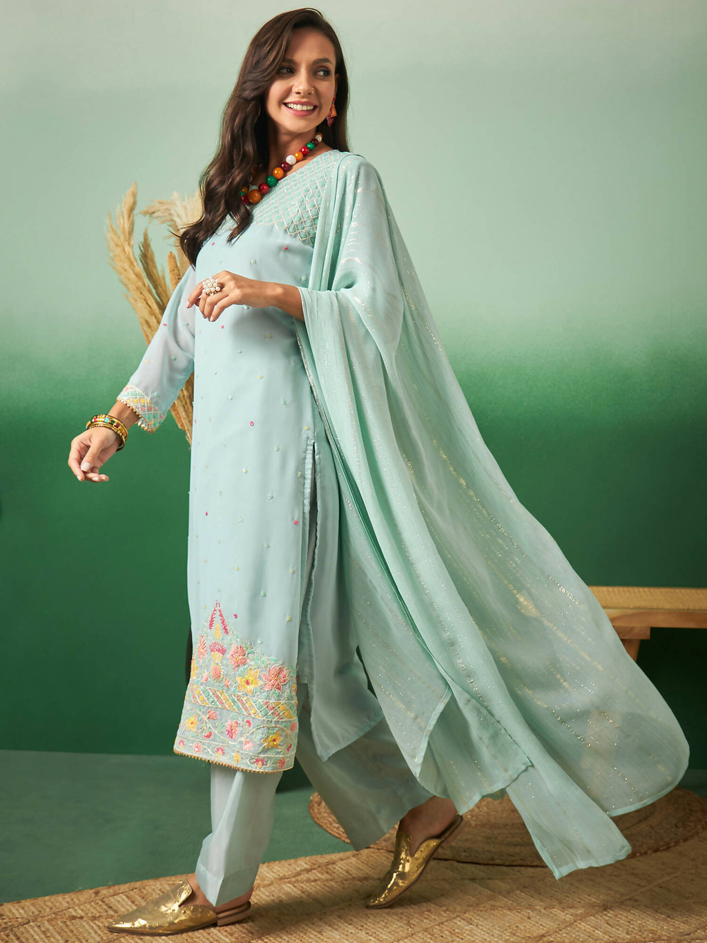 Sky Blue Georgette Handwork Unstitched Dress Material - Hanika