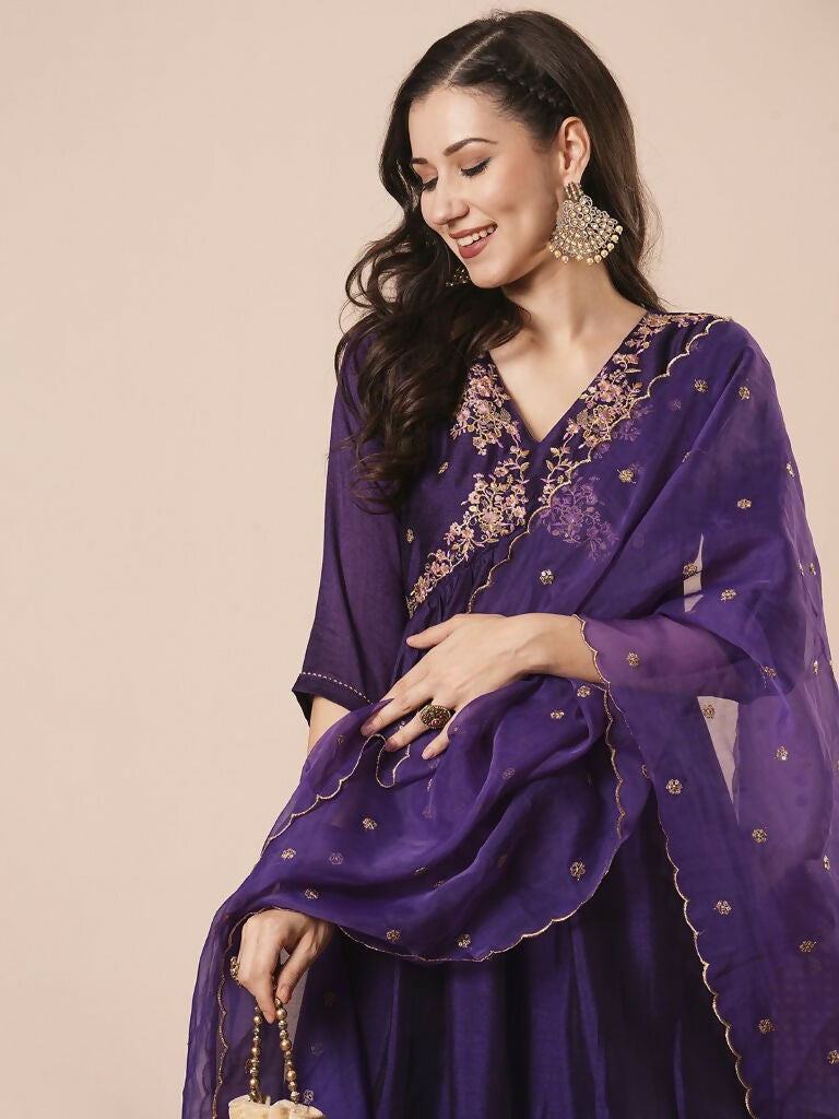 Purple Vichitra Silk Embroidery Work Kurta Set - Riya