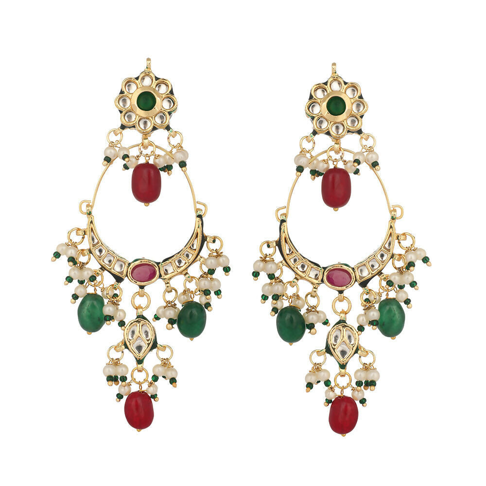 Nuyug 22K Gold Plated Crescent Kundan Drop Green Stone Chandbali Earrings