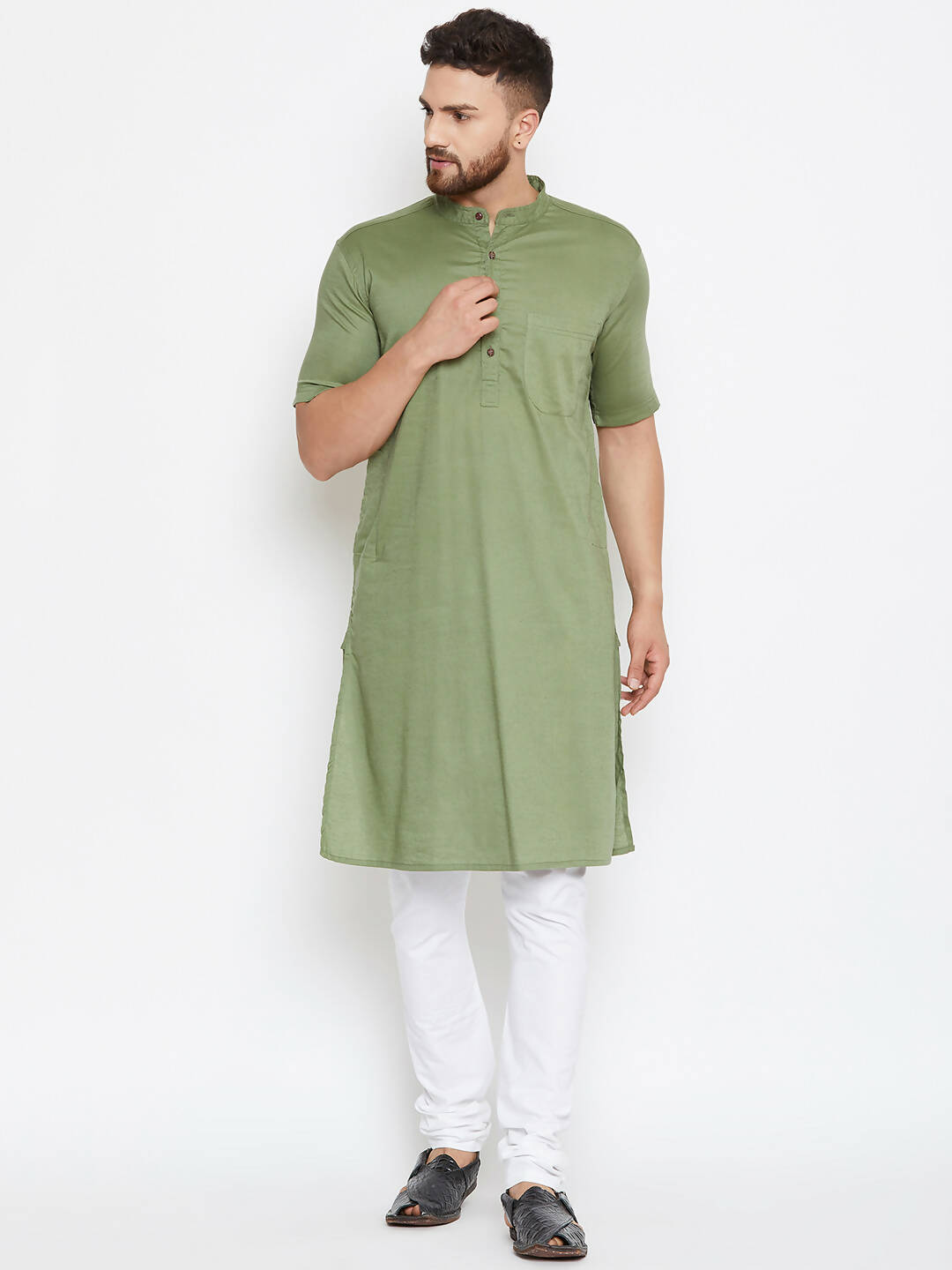 Even Apparels Green Color Pure Cotton Men's Kurta With Band Collar