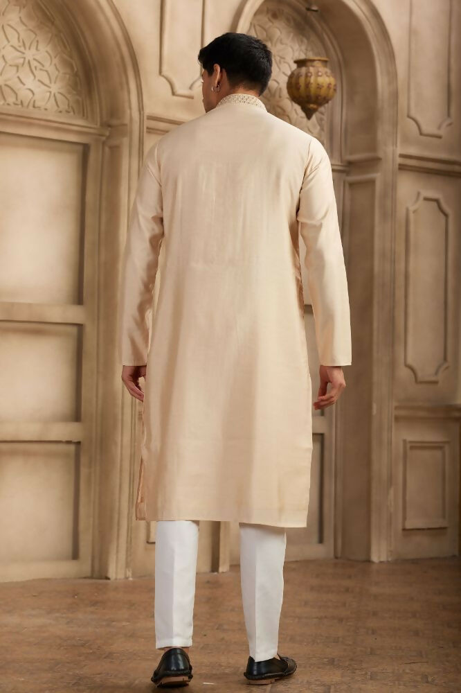 Raivat Ethnic Banarasi Art Silk Mirror Work Kurta Pajama In Beige Colour