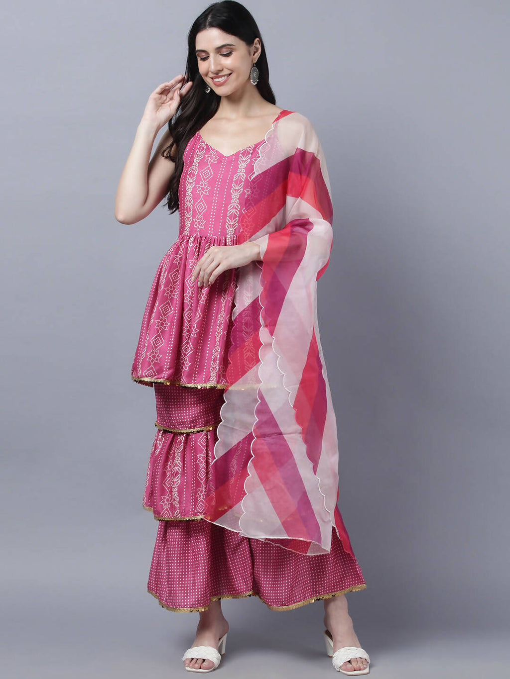 Myshka Stylish Pink Sleeveless Women's Kurta Sharara with Dupatta Set