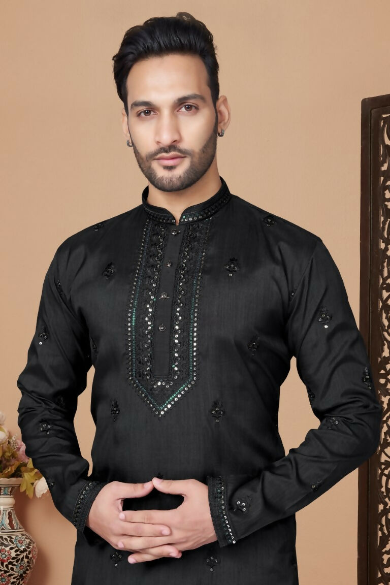 Functional Designer Men's Black Heavy Super Silk Kurta With Pant - Rudra