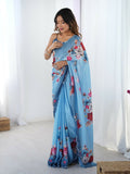 Blue Chinon Designer Digital Printed,Mirror Cut Work Saree - Elayna