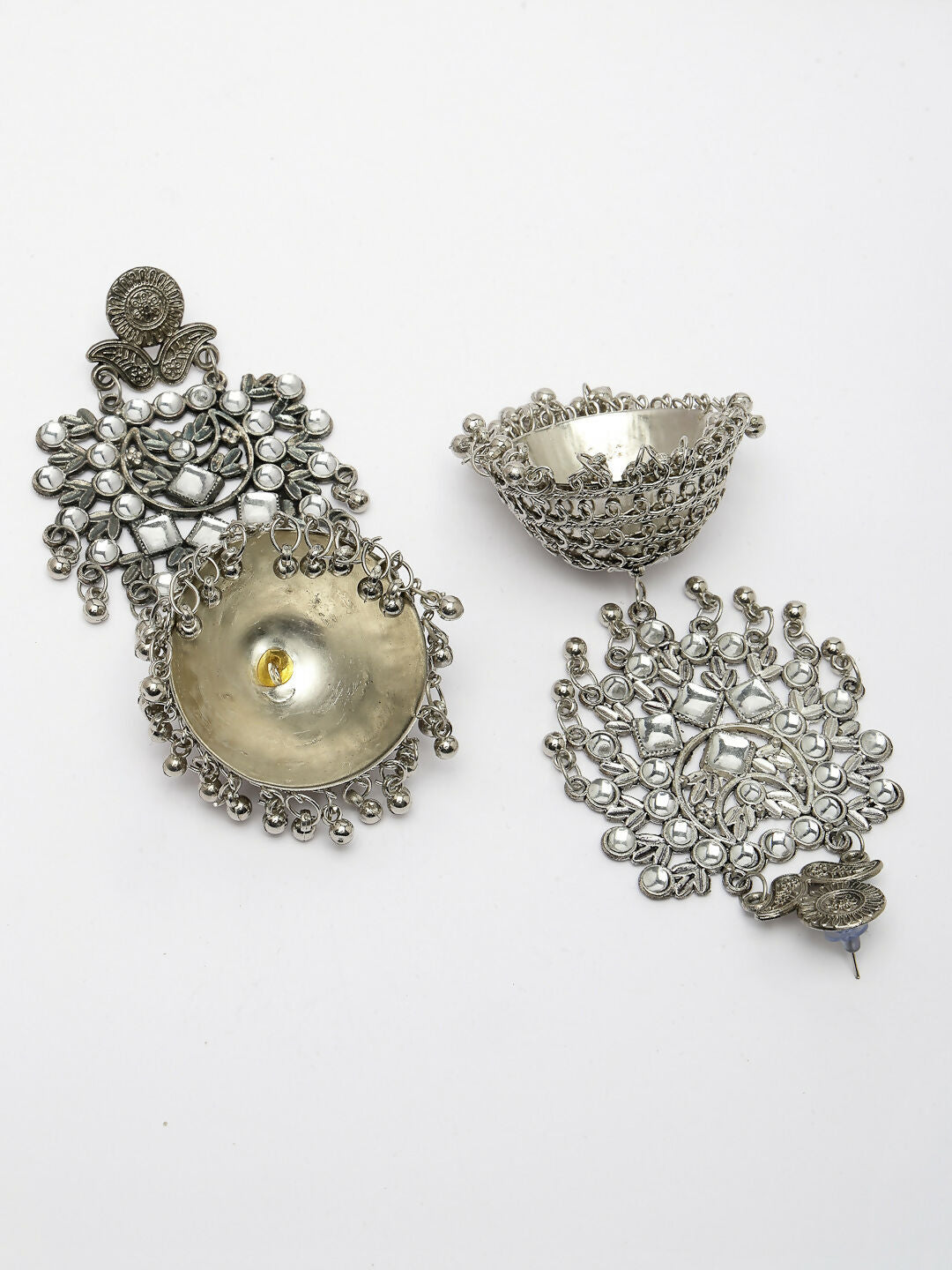 NVR Women's Silver-Plated Oxidised Artificial Stones Dome Shaped Jhumka Earrings
