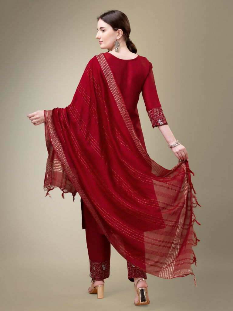 Jyoti Fashion Women's Maroon Cotton Blend Embroidery & Fancy Lace work Kurta with Trouser & Dupatta