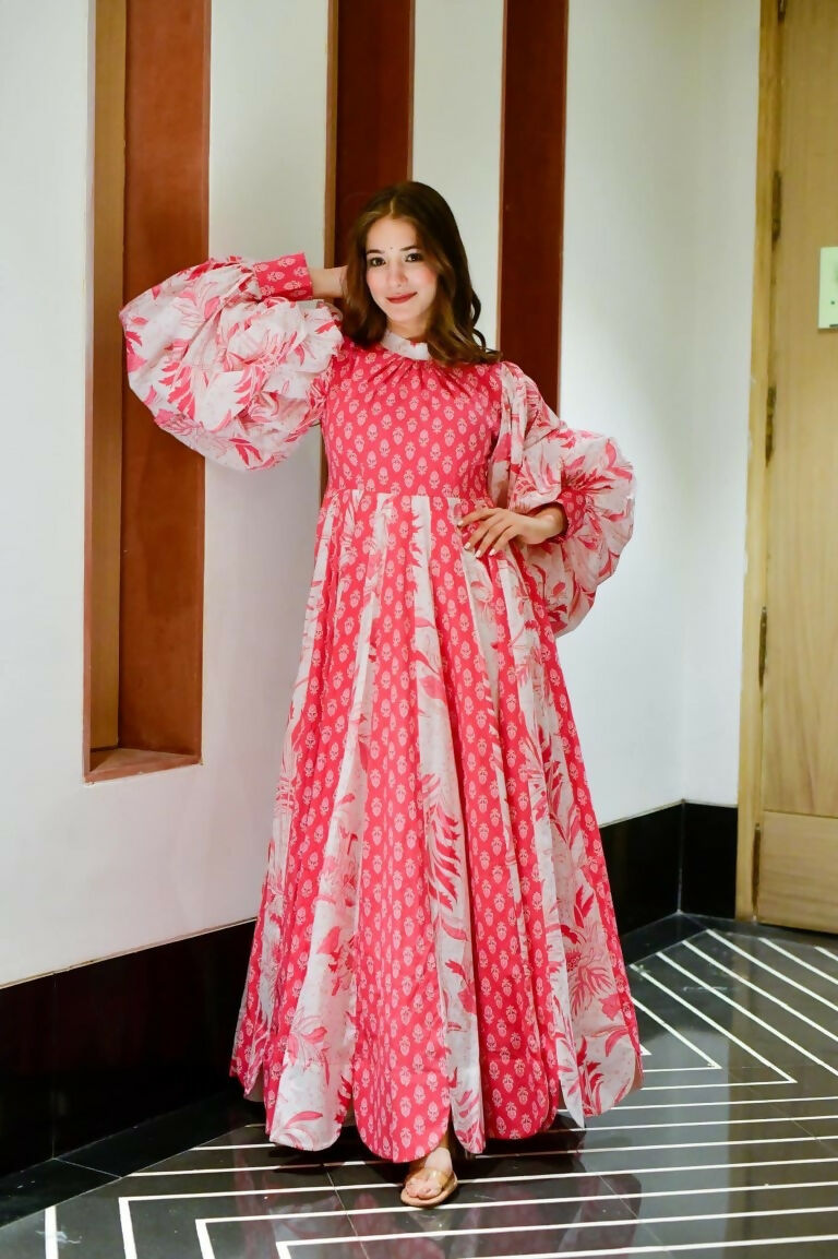 Jyoti Fashion Women's Pink Heavy Digital Printed Cotton Silk Anarkali Dress