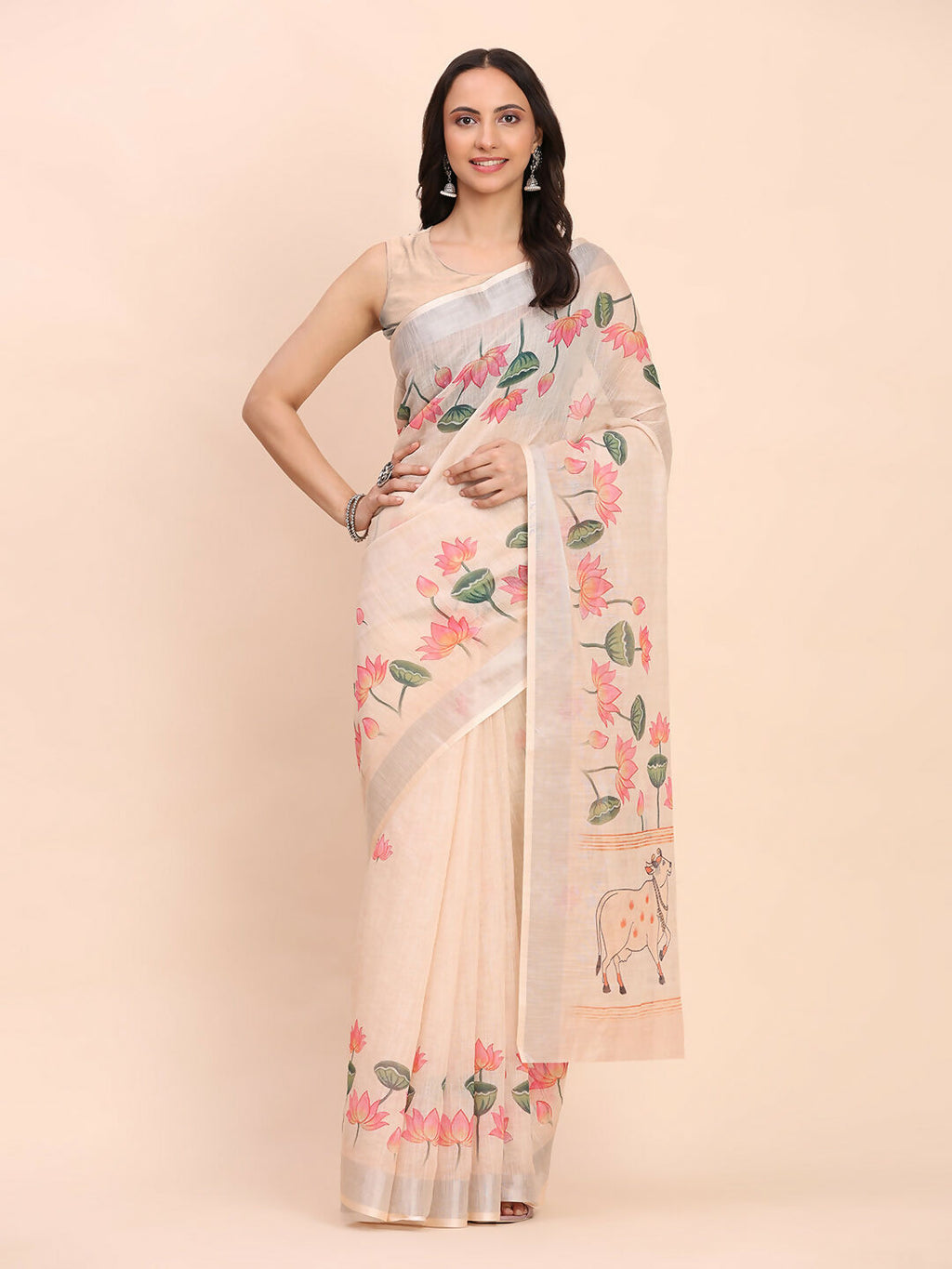 Shree Shyam Fashion Linen Cotton Peach Saree