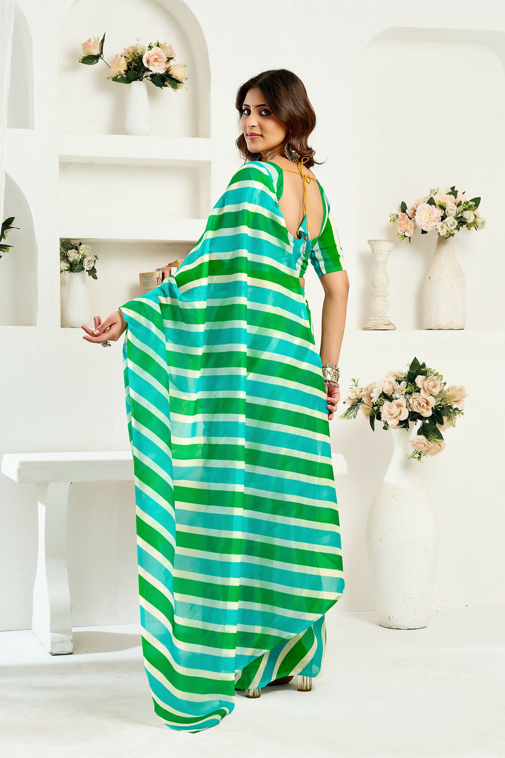 Vastranavya Green Digital Printed Linen Ready To Wear Designer Saree with Unstitched Blouse