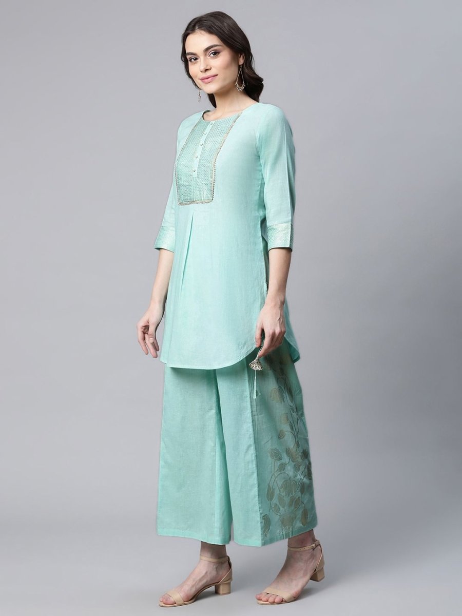 Ahalyaa Women Teal Pure Cotton Gold Foil Printed Pakistani Style Kurta Palazzo Set