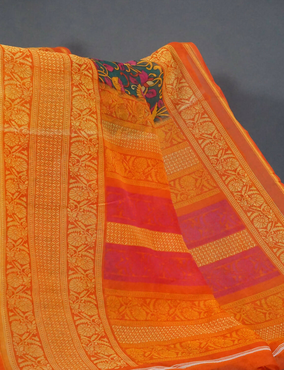 Vibrant Shades Of Green Kalamkaari Design Semi Chanderi Saree With Contrast Blouse By Gayathri Reddy Designer Studio
