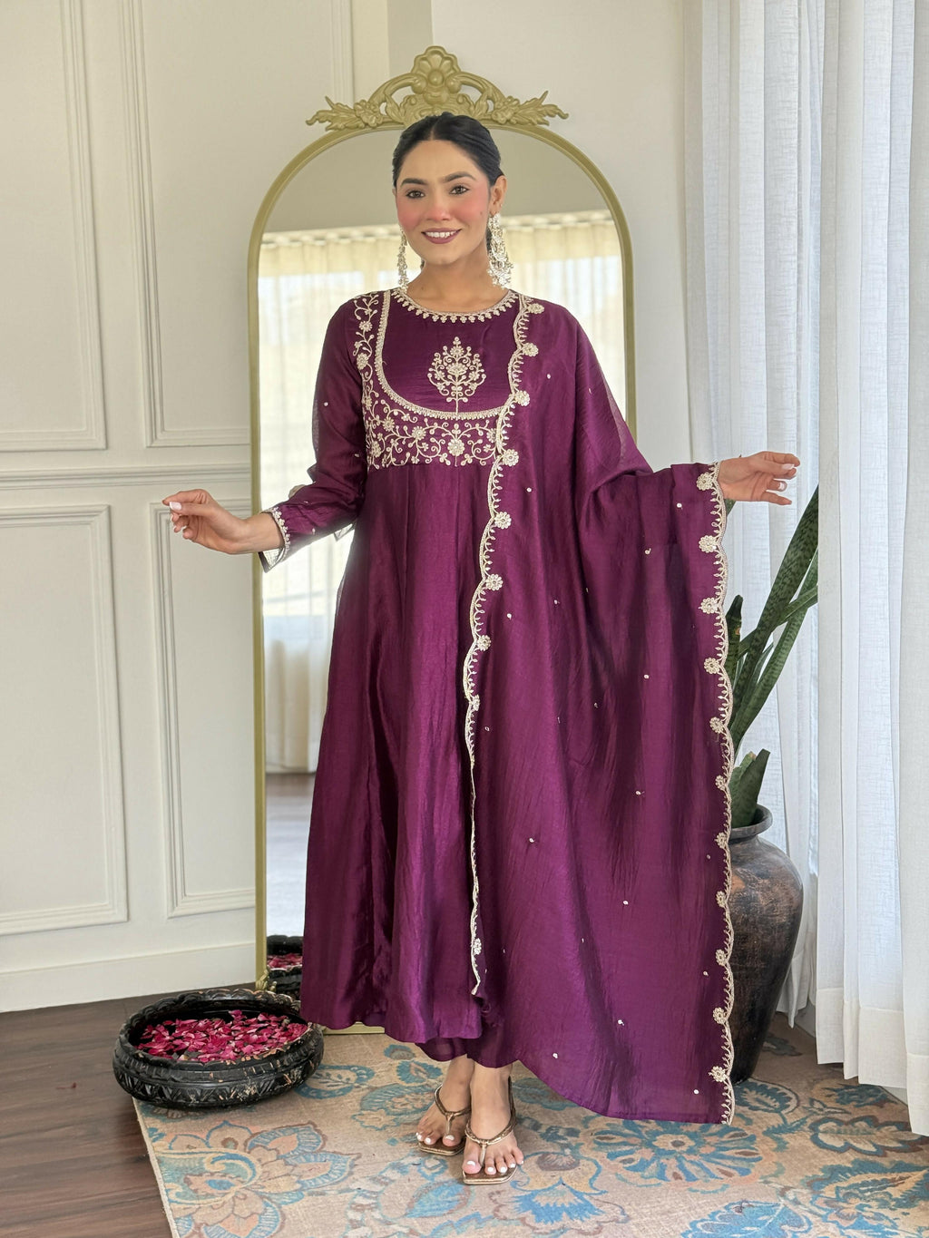 The52 Purple Women's Gorgeous Embroidered Vichitra Silk Fabric Flared Kurta Pant with Dupatta Set