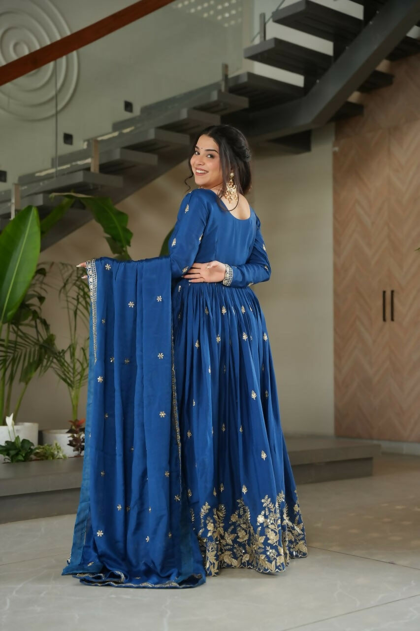 Teeya Creation Blue Color Chinon Silk Party Wear Long Gown