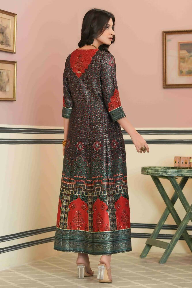 Juniper Green Satin Festive Printed Anarkali Flared Anarkali Kurta For Women
