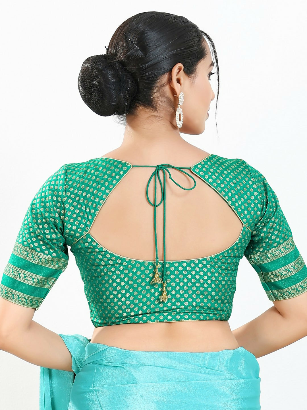Joban Fashion Rama Green Brocade Padded Blouse With Round Neck Elbow Sleeves