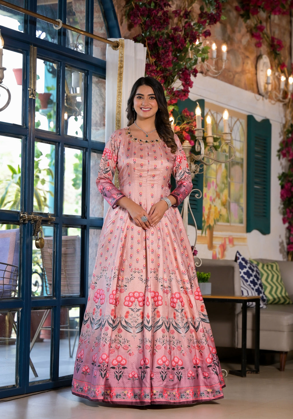 Partywear Designe rPeach Dola Silk Anarkali suit with Dupatta - Samyukta
