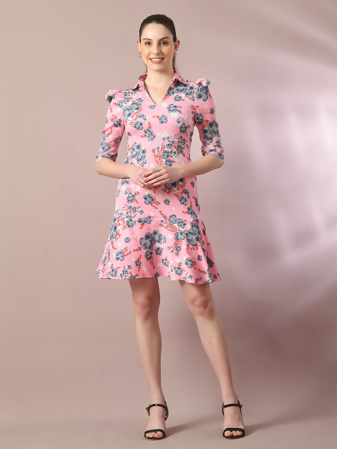 Myshka Women's Pink Printed Shirt Collar Fit and Flare Party Dress