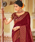 Maroon Vichitra Stone Work Saree With Unstitched Blouse Piece - Rosy