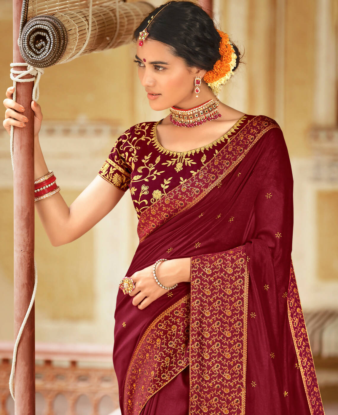 Maroon Vichitra Stone Work Saree With Unstitched Blouse Piece - Rosy