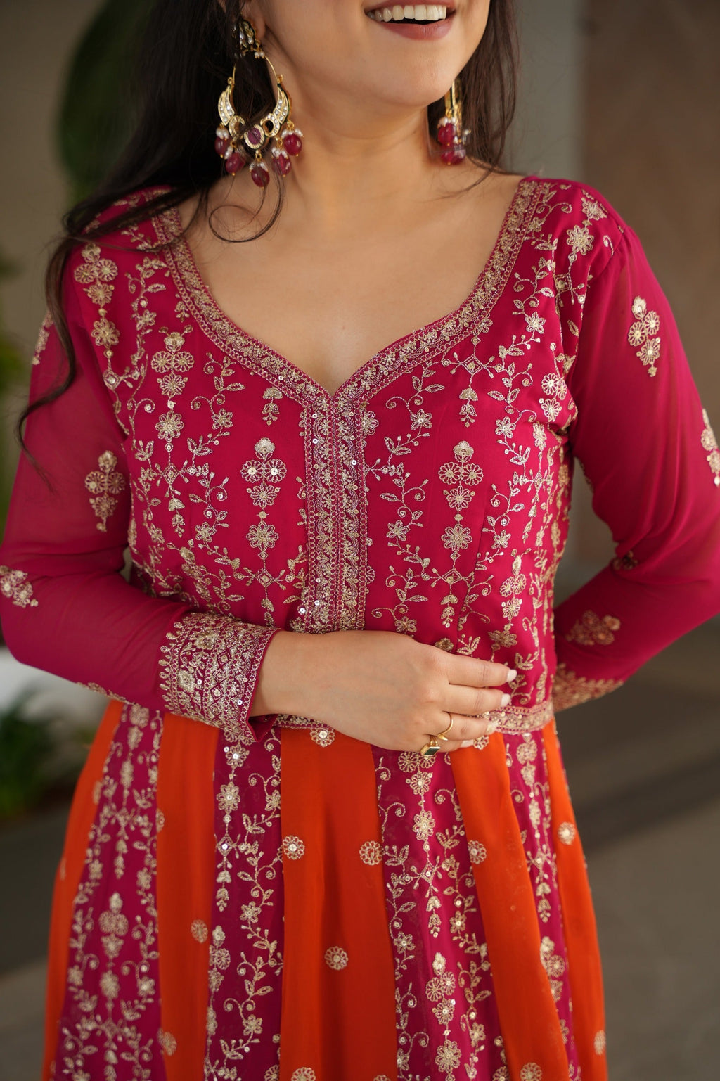 Evanik Rani Pink Faux Georgette With Zari & Sequins Embroidered work Wedding Gown