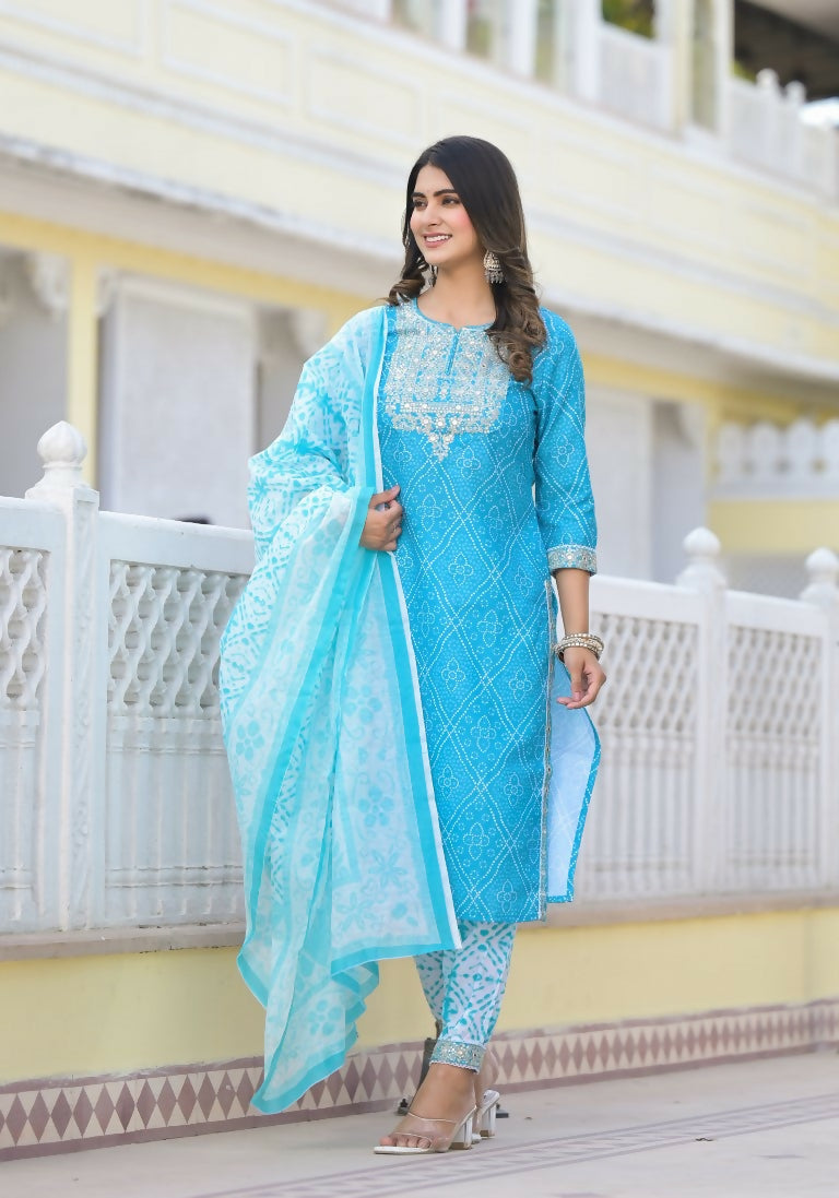 Partywear Designer sky blue cotton Stitched Suit With Dupatta - Tanisha