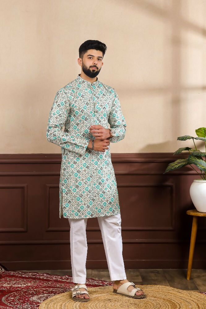 Blue Art Silk Digital Printed, Embroidery Work Kurta Set - Mahotsav