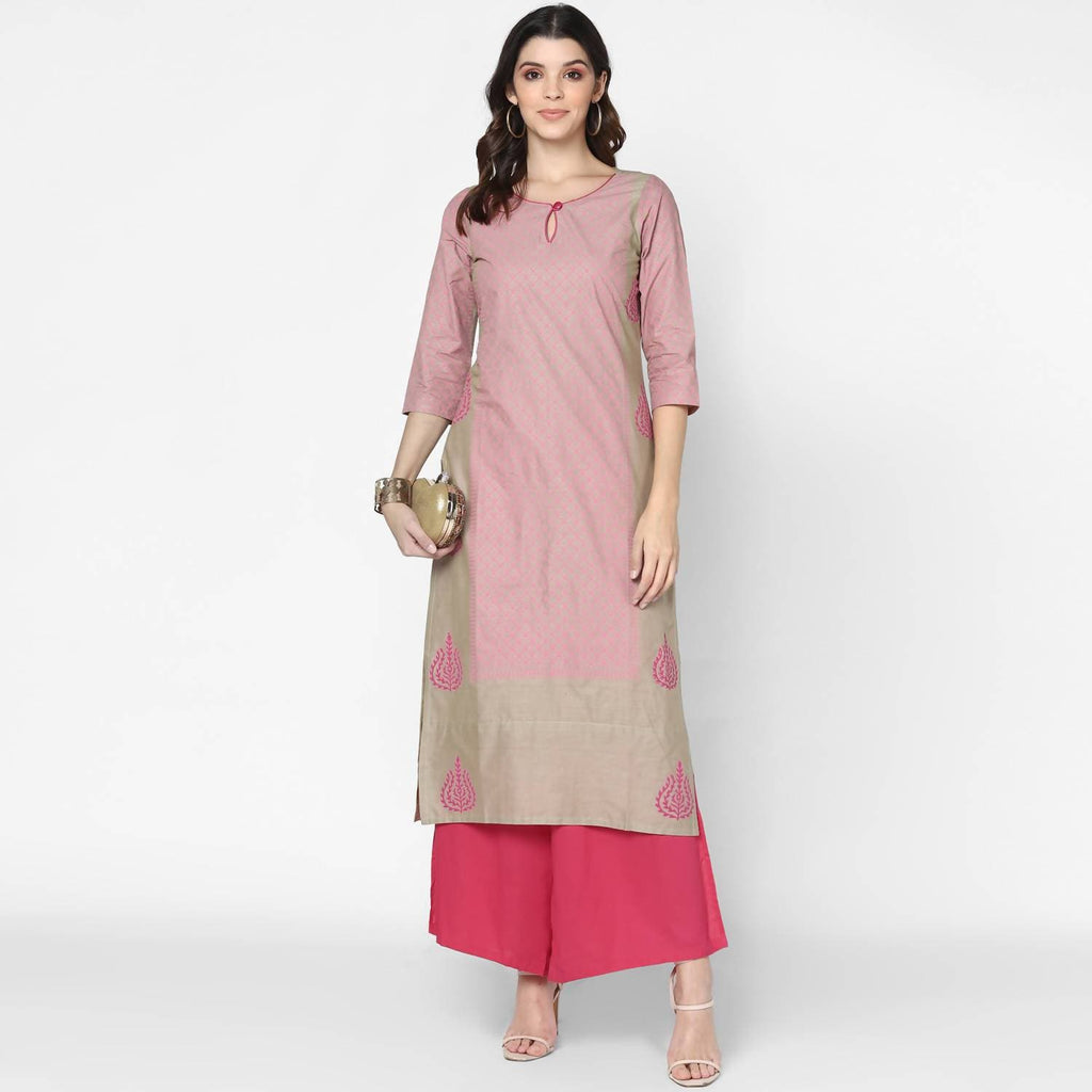 Cheera Hand Block Print Khaki Straight Kurta (MAAI-051K)