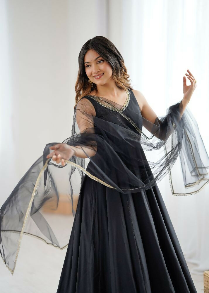 Joban Fashion Black Kurta Set Chanderi Sequence Embroidery Work