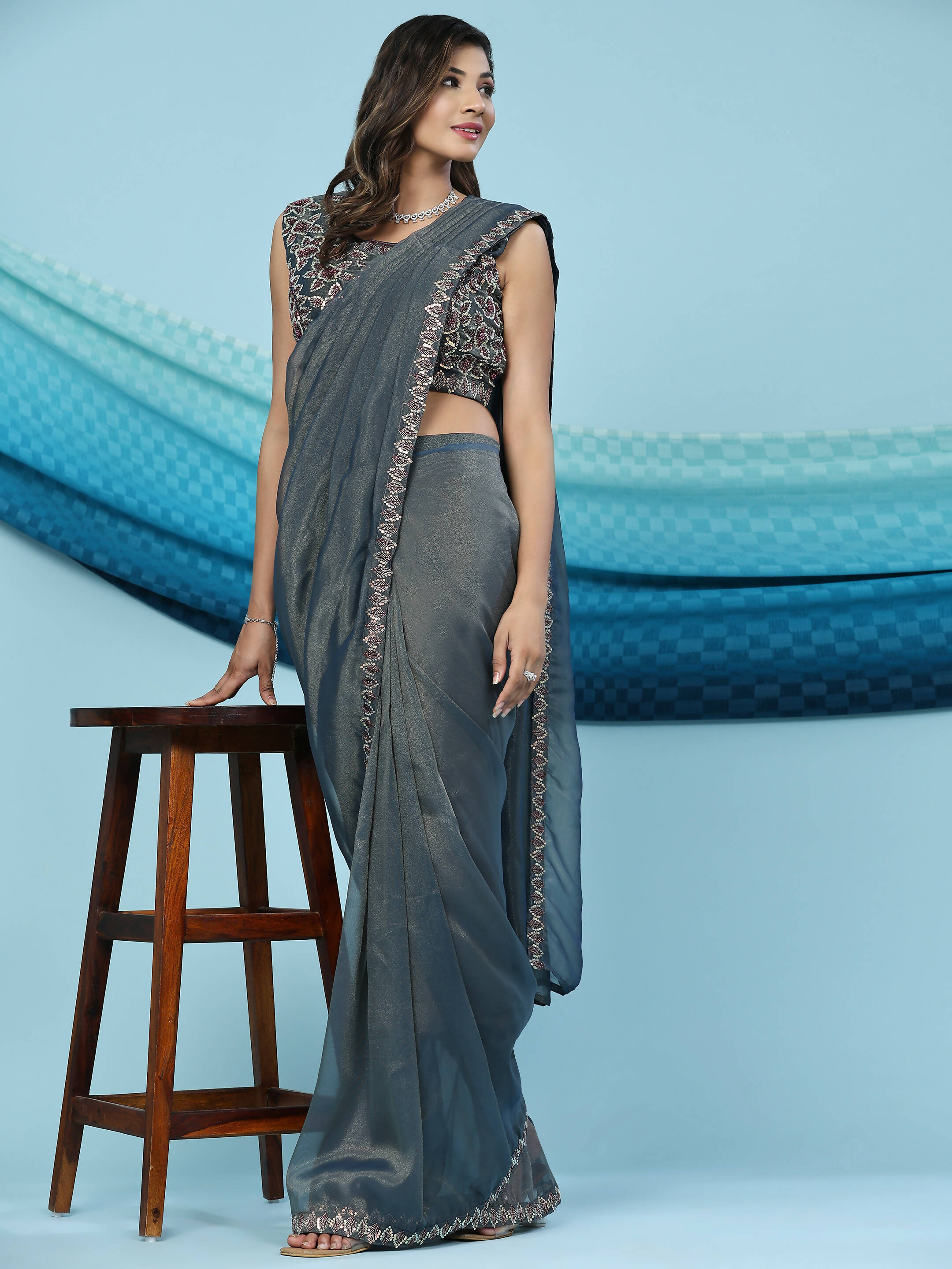 Teal Lycra Shimmer Pattern Ready to Wear Saree with stitched Blouse - Nirvana
