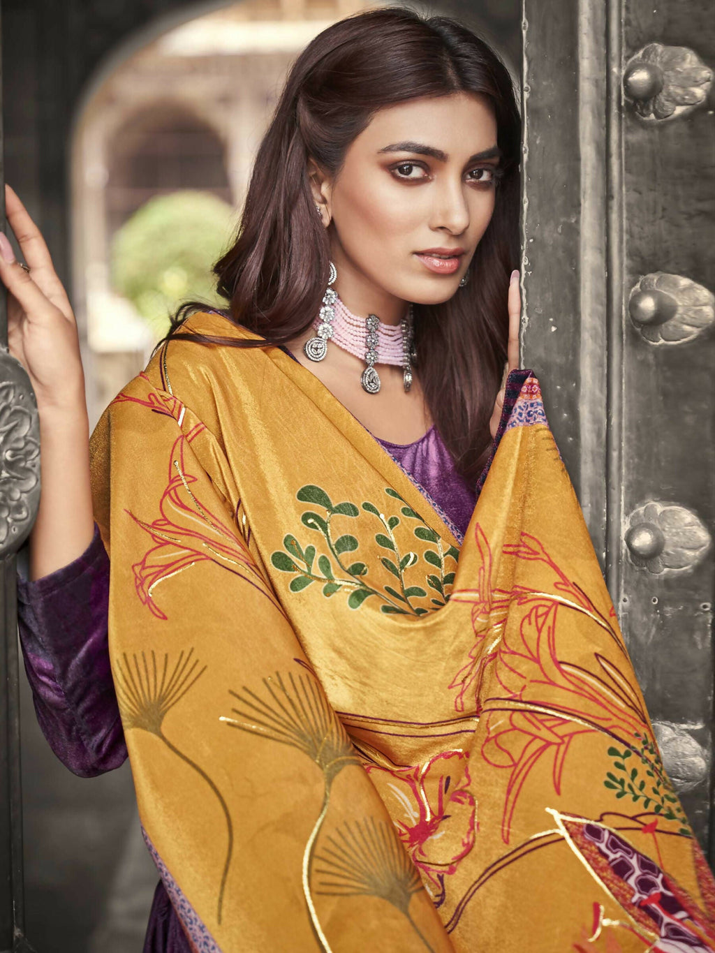 Jyoti Fashion Women's Purple Velvet Floral Digital Printed Kurta with Trouser & Dupatta