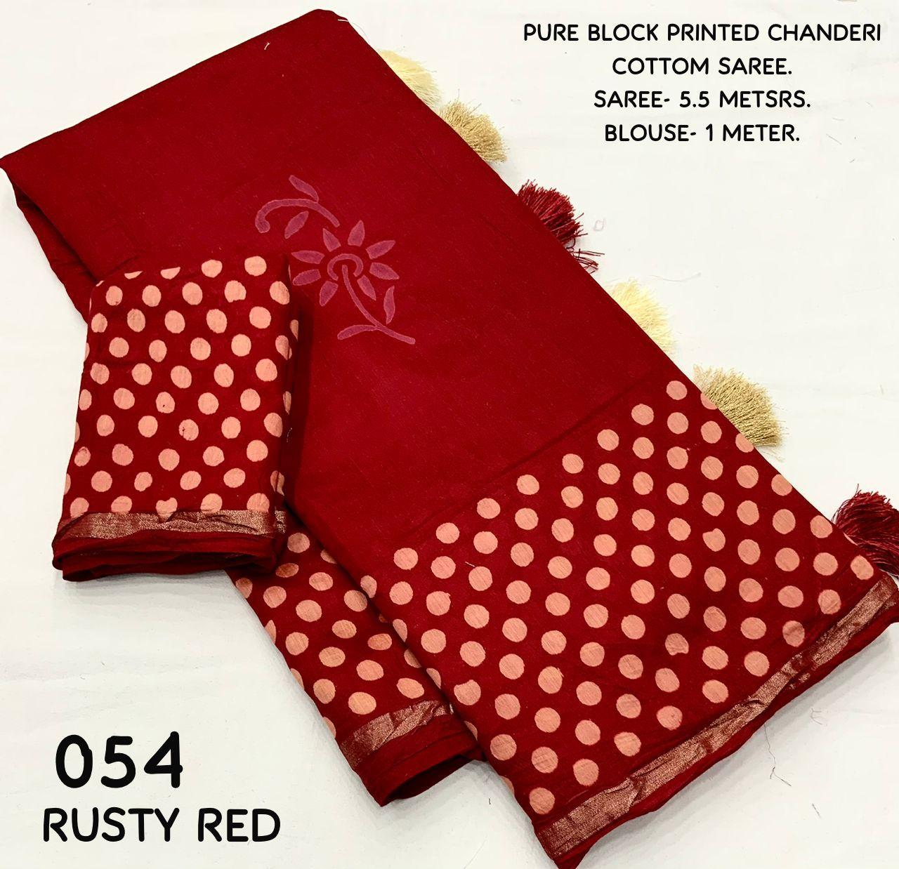 Red Pure Chanderi Hand Block Saree with Unstitched Blouse - Hiral Fashion