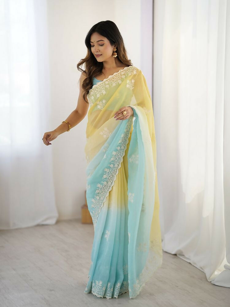 Yellow Crunchy Silk Embroidery Work Party Wear Saree - Lakshita