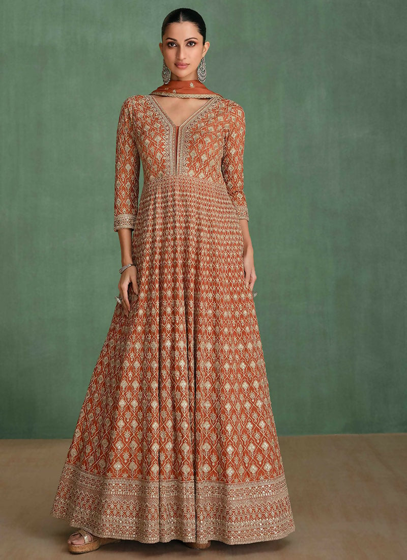 Vastranavya Brown Georgette Seroski Diamond Embroidered Sequins A Line Stunning Anarkali Suit