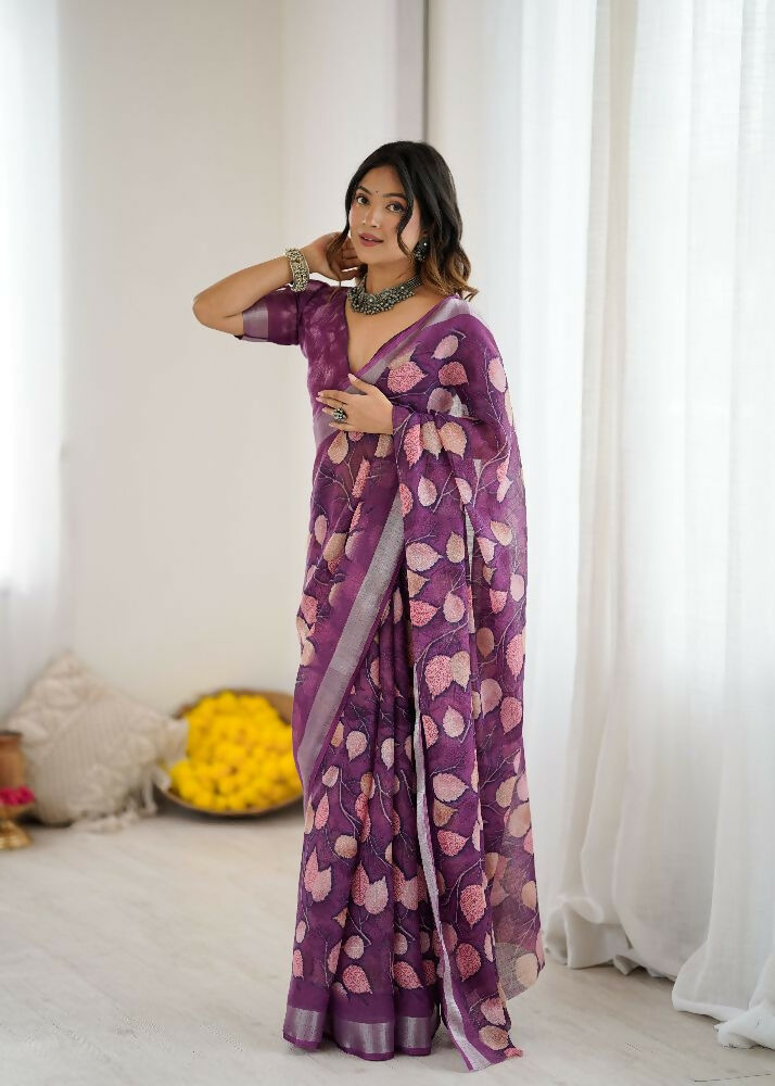 PR Fashion Purple Linen Patta Printed Saree