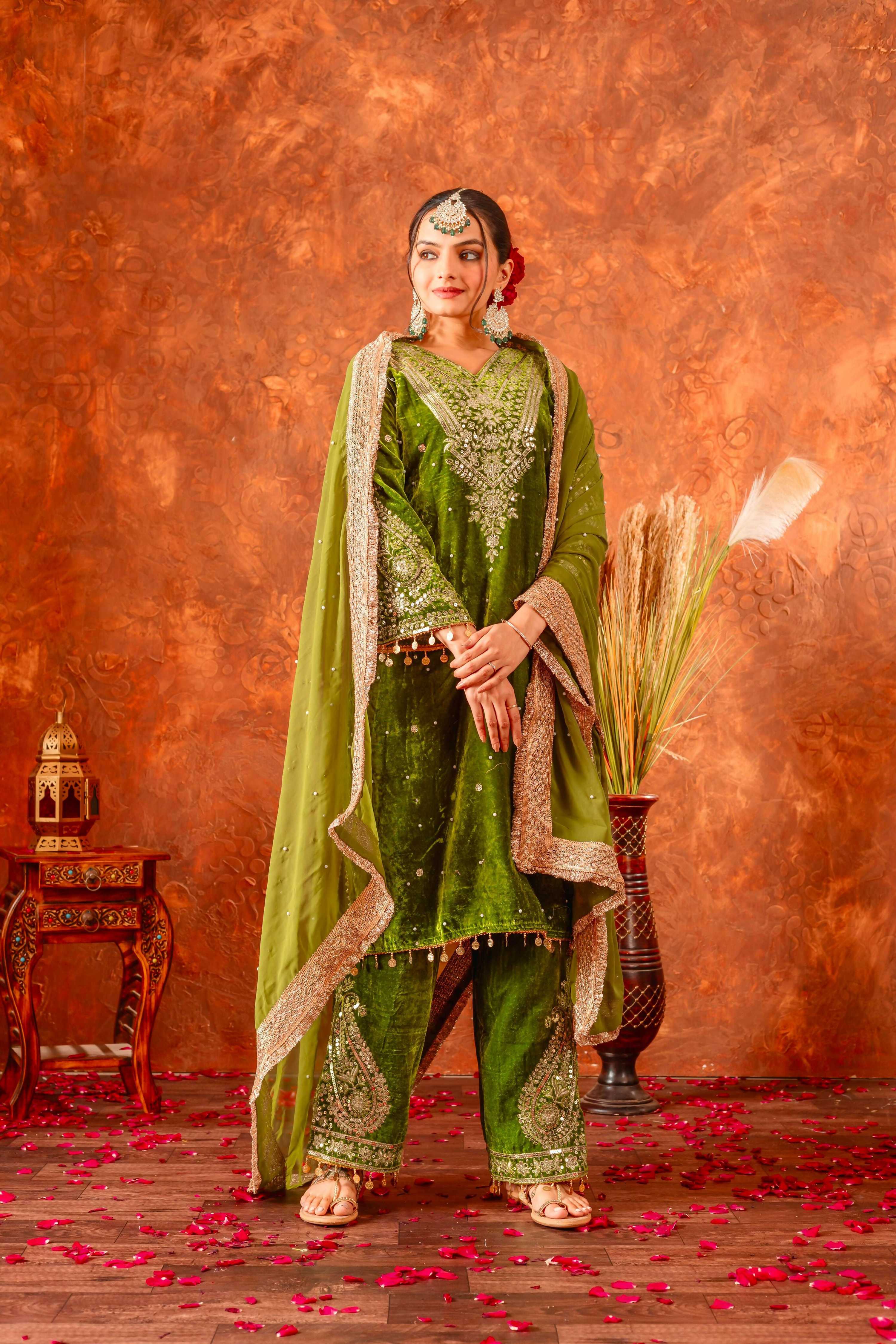 Joban Fashion Olive Green Velvet Embroidery Kurta Set