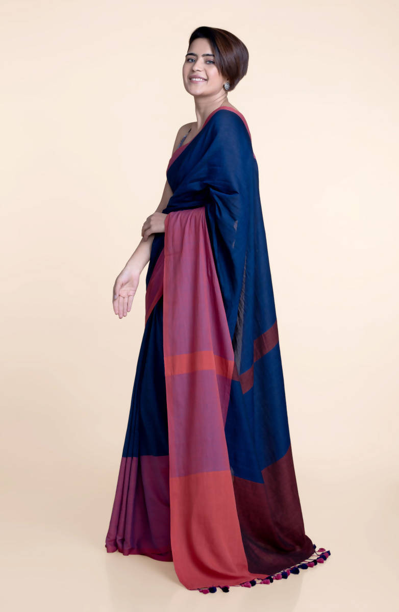 Suta Navy Blue Pink Colourblocked Mul Saree