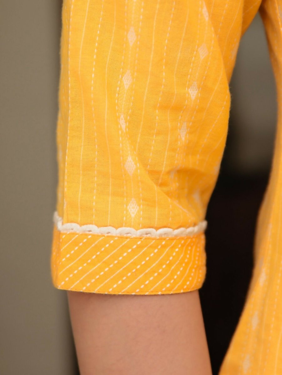 Aramya Straight Kantha Cotton Woven Design Print Women's Kurta Set - Yellow