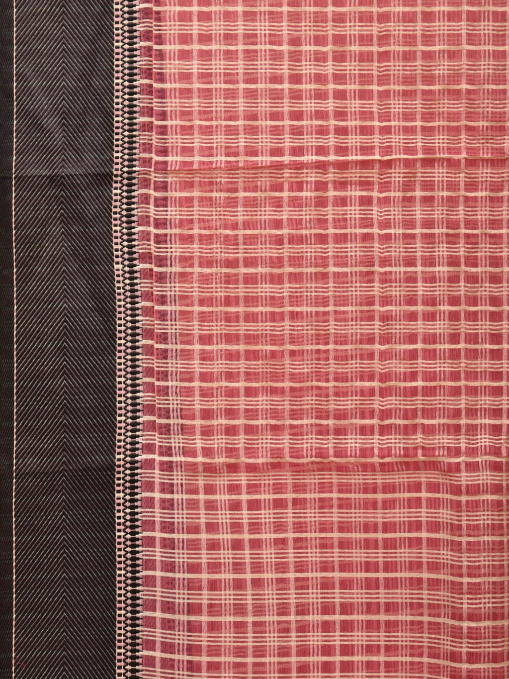 Red and Black Bamboo Cotton Saree with Checks Design No Blouse - Global Threads