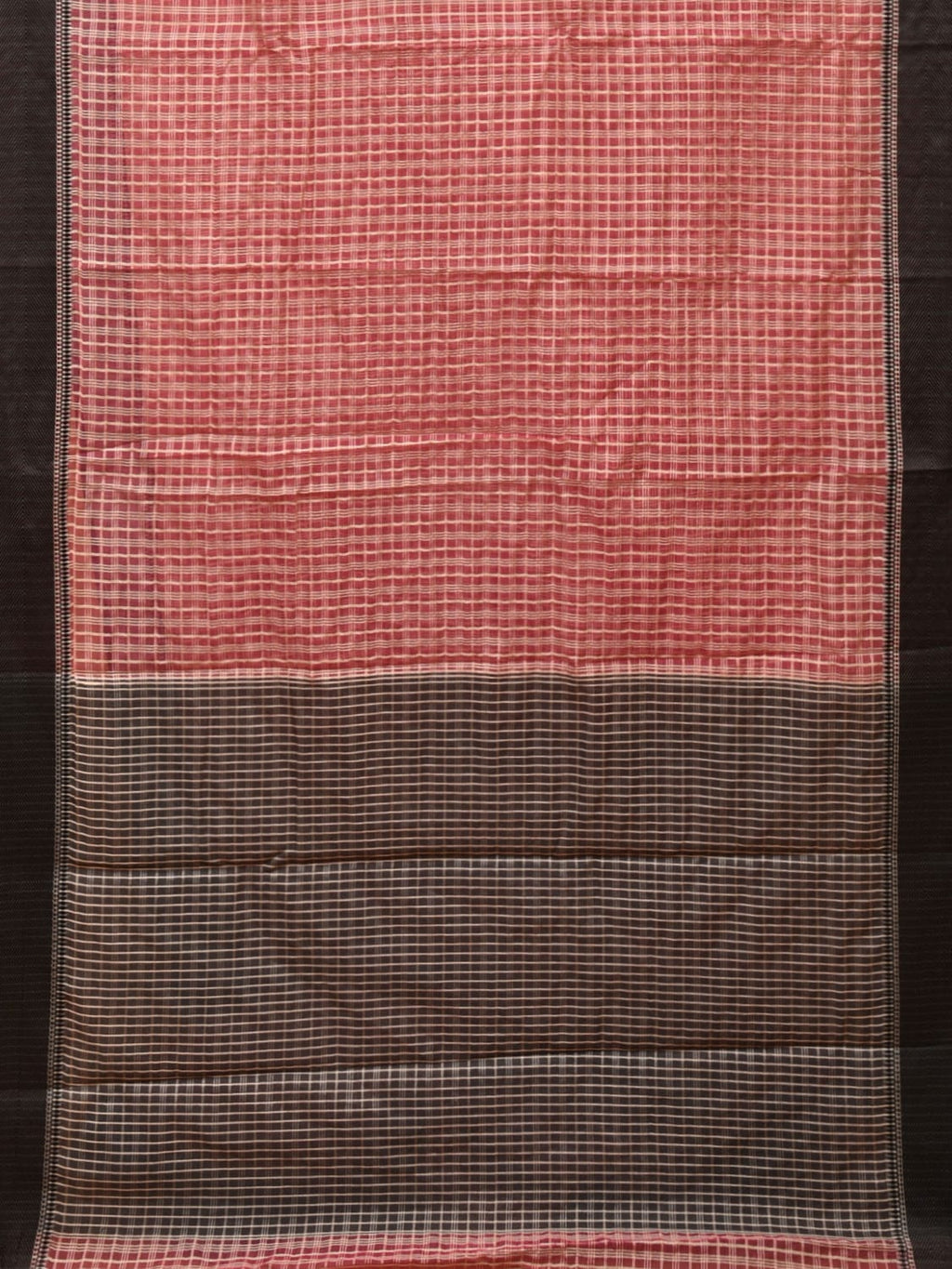 Red and Black Bamboo Cotton Saree with Checks Design No Blouse - Global Threads