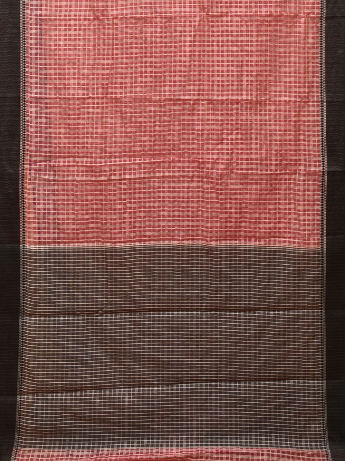 Red and Black Bamboo Cotton Saree with Checks Design No Blouse - Global Threads