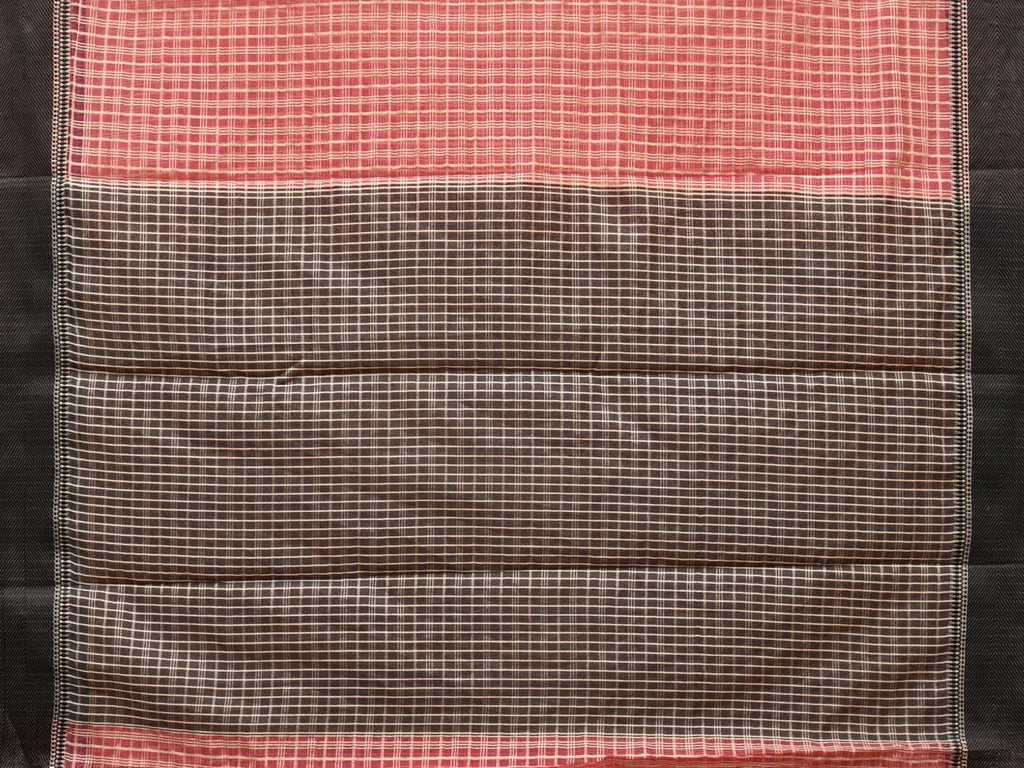 Red and Black Bamboo Cotton Saree with Checks Design No Blouse - Global Threads