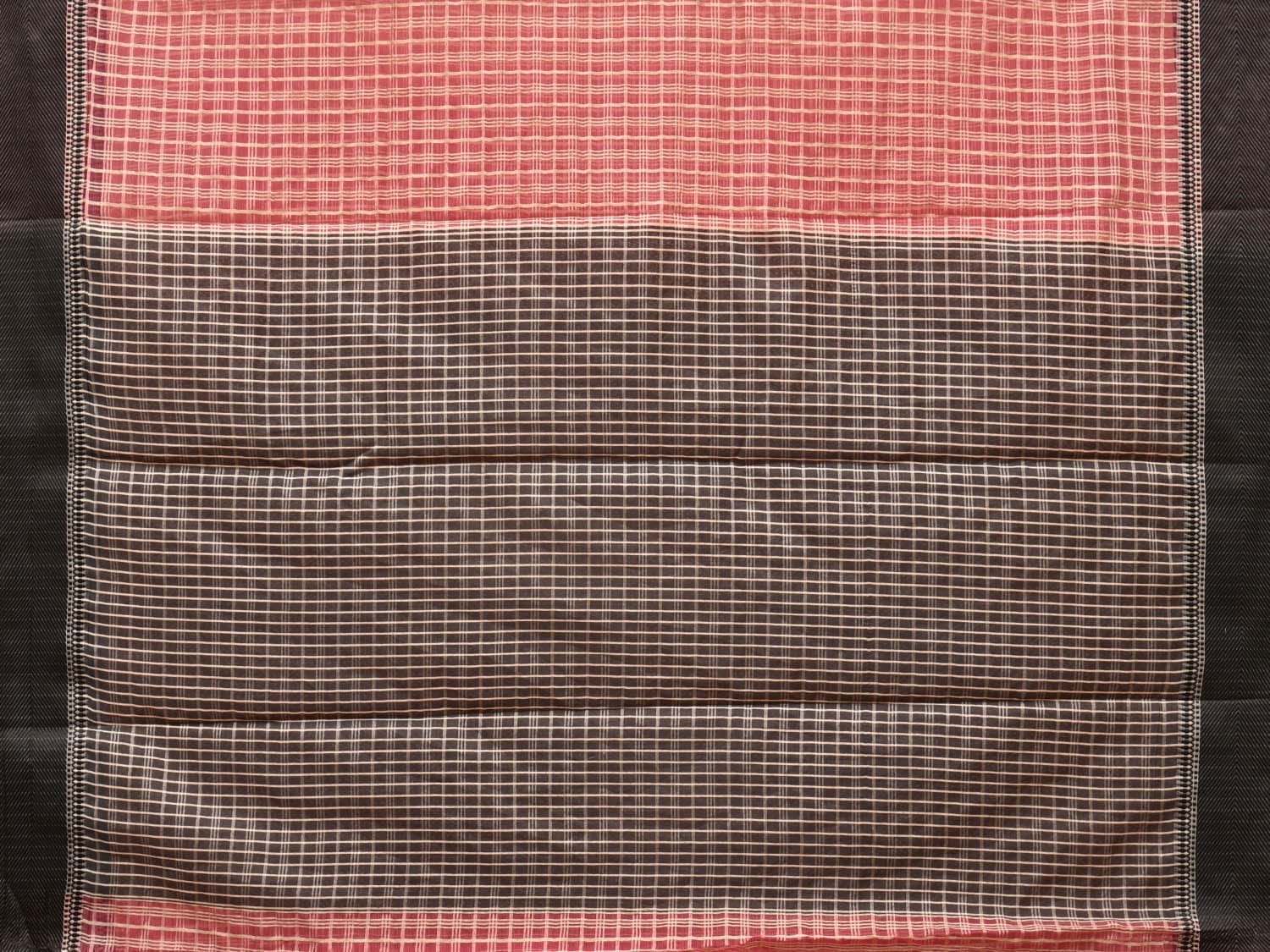Red and Black Bamboo Cotton Saree with Checks Design No Blouse - Global Threads
